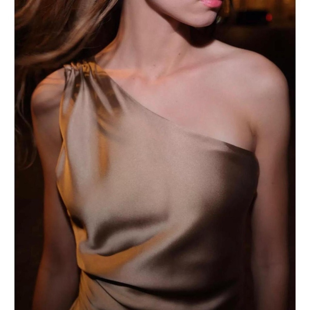Zara One-Shoulder Satin Slip Summer Dress in Copper bronze color - Picture 3 of 10